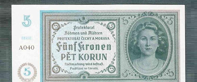 Staré bankovky 5 korun 1940 bezvadný stav Praha - foto 1